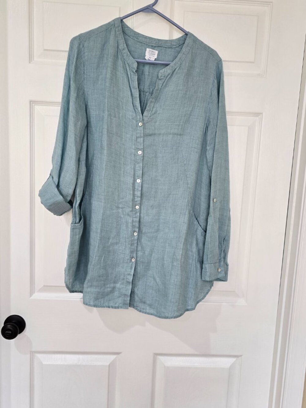 Sigrid Olsen Women's 100% Linen Shirt Button Down Roll Tab Sleeve Aqua Blue Sz L - Picture 2 of 8